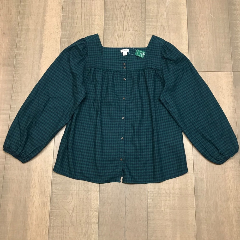 L.L. Bean Flannel Shirt Womens Size M Green Squareneck Top Whisperweight Cottage - Picture 2 of 11
